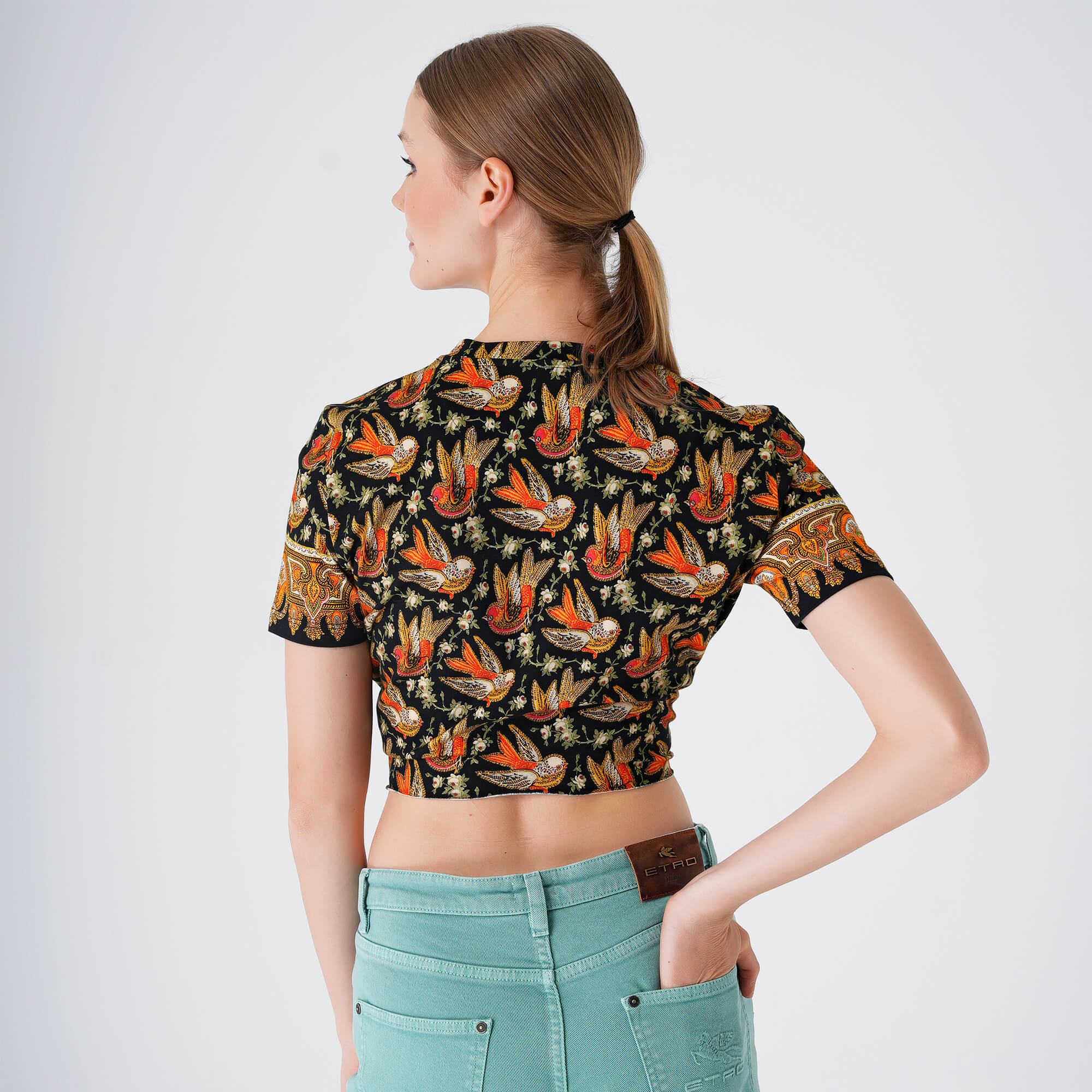 Etro - Black Floral Birds Print Crop T-shirt